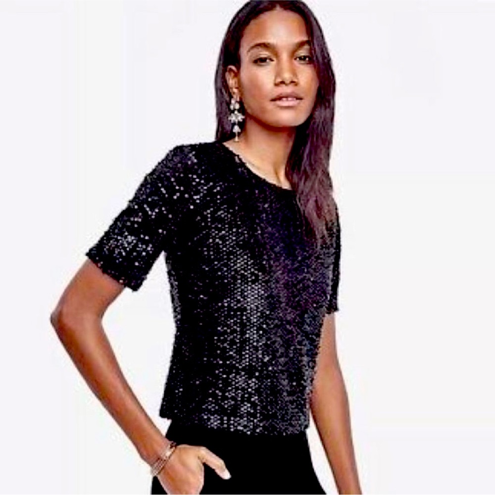 Ann Taylor Black Short Sleeve Sequin Top SP